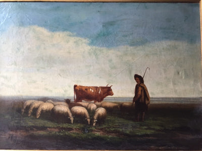 Antique French pastoral oil painting, shepherd with his flock and a brown cow under a wide sky, 19th century