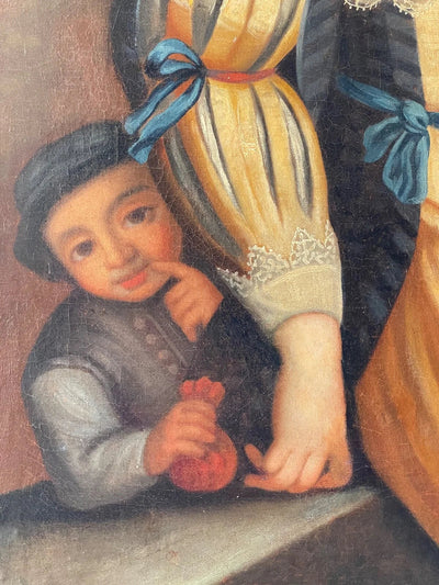 Boy holding a red purse with a finger to his lips, detail of an 18th century French genre scene
