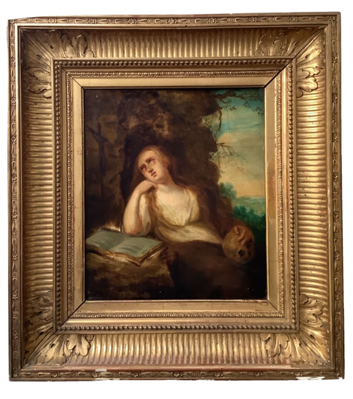 18th Century Dutch School Oil on Wood Panel, Penitent Mary Magdalene with Vanitas, Framed Old Master Painting