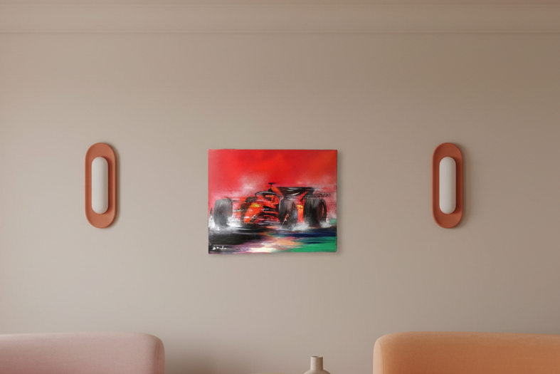Victor Spahn Signed Oil on Canvas, Formula 1 Ferrari Rain Race, French Contemporary Original