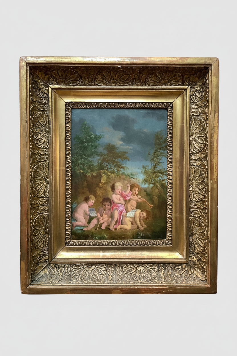 Flemish School, 17th Century, Putti Musicians in a Landscape, Oil on Wood Panel, Framed