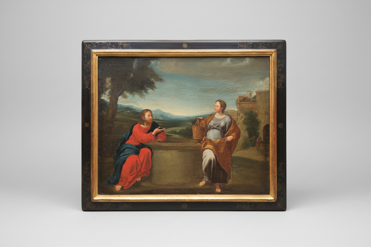 Christ and the Samaritan Woman at the Well, 17th Century Oil on Wood Panel, Framed Old Master Painting
