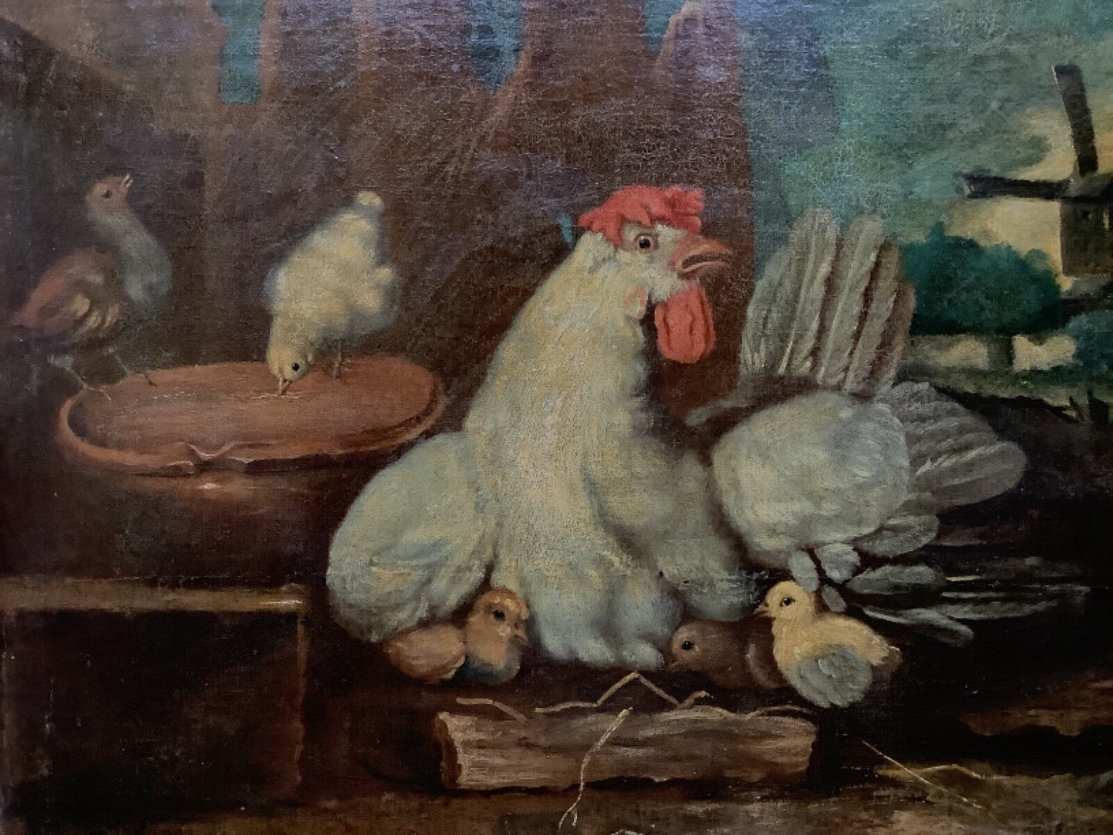 Follower of Frans Snyders (1579-1657), Hen and Chicks in a Landscape with Windmill, Oil on Canvas, Circa 1700, Framed