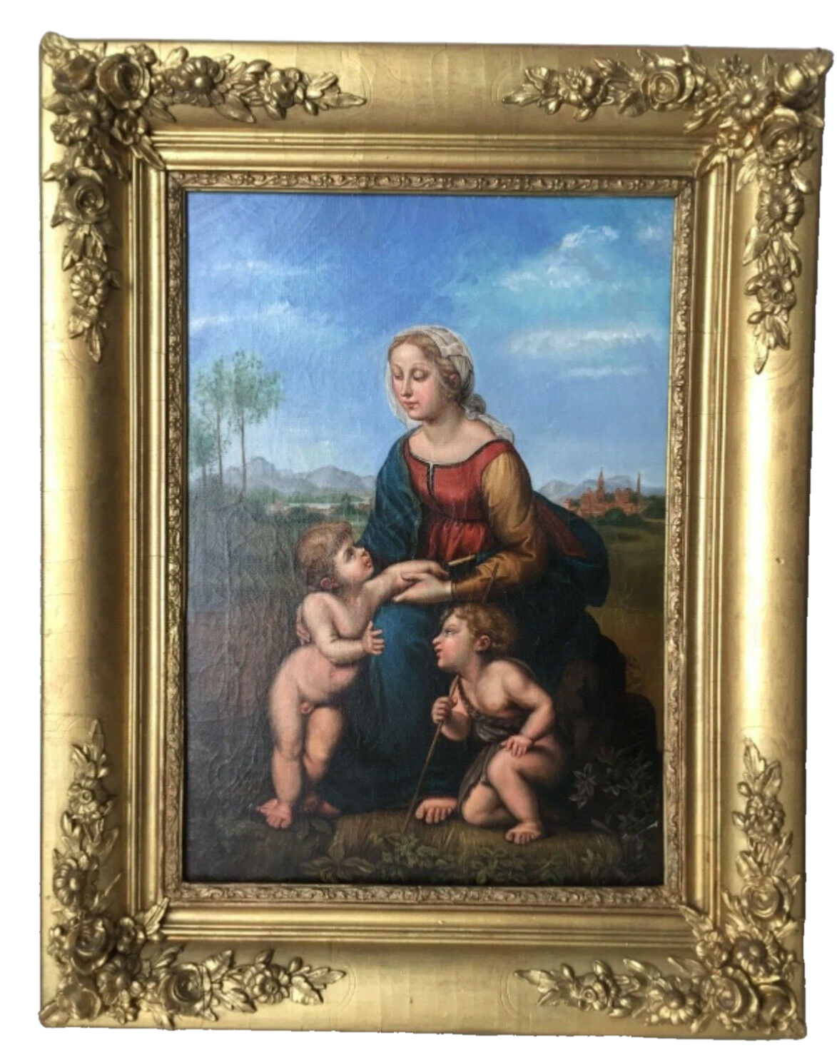 Madonna and Child with St. John the Baptist, After Raphael Sanzio, 19th Century Oil on Canvas, Framed