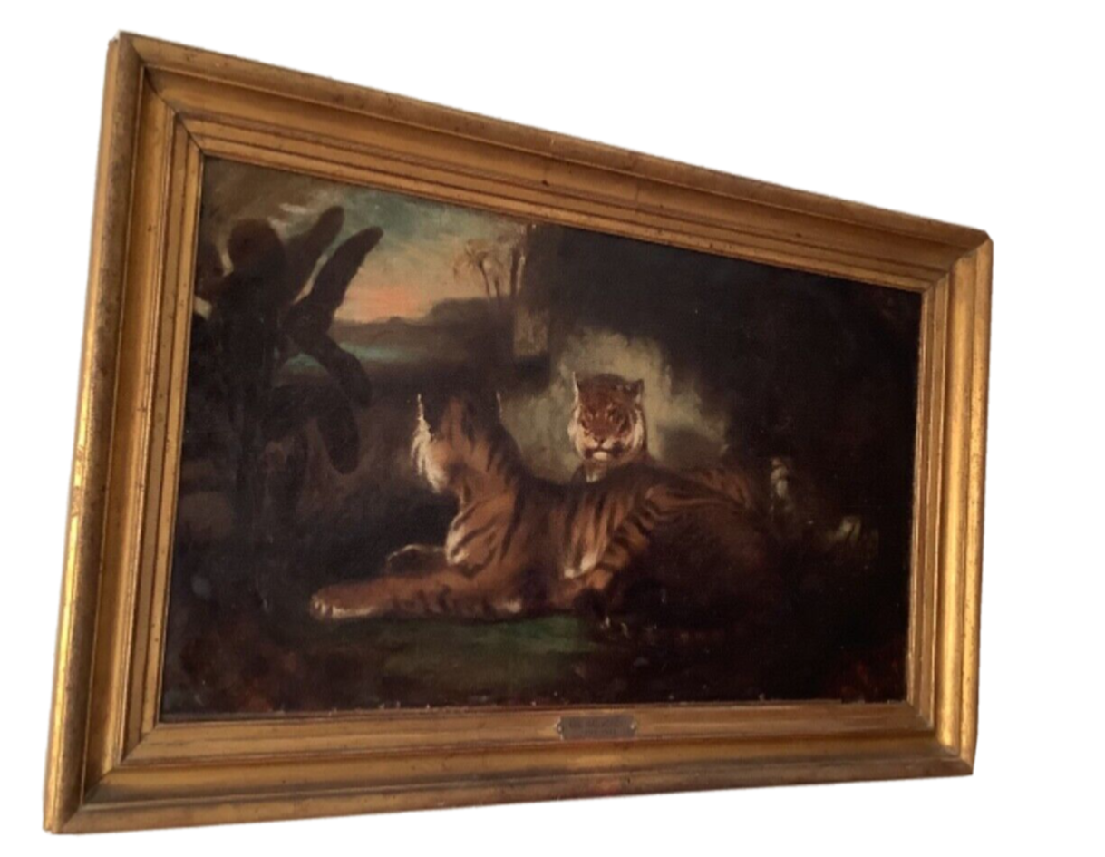 Circle of Eugene Delacroix (1798-1863), Two Tigers in a Landscape, Oil on Canvas, Mid-19th Century, Framed