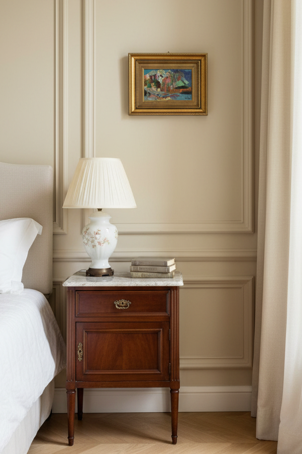 Signed Astoin colorful landscape in a gilt frame above a nightstand