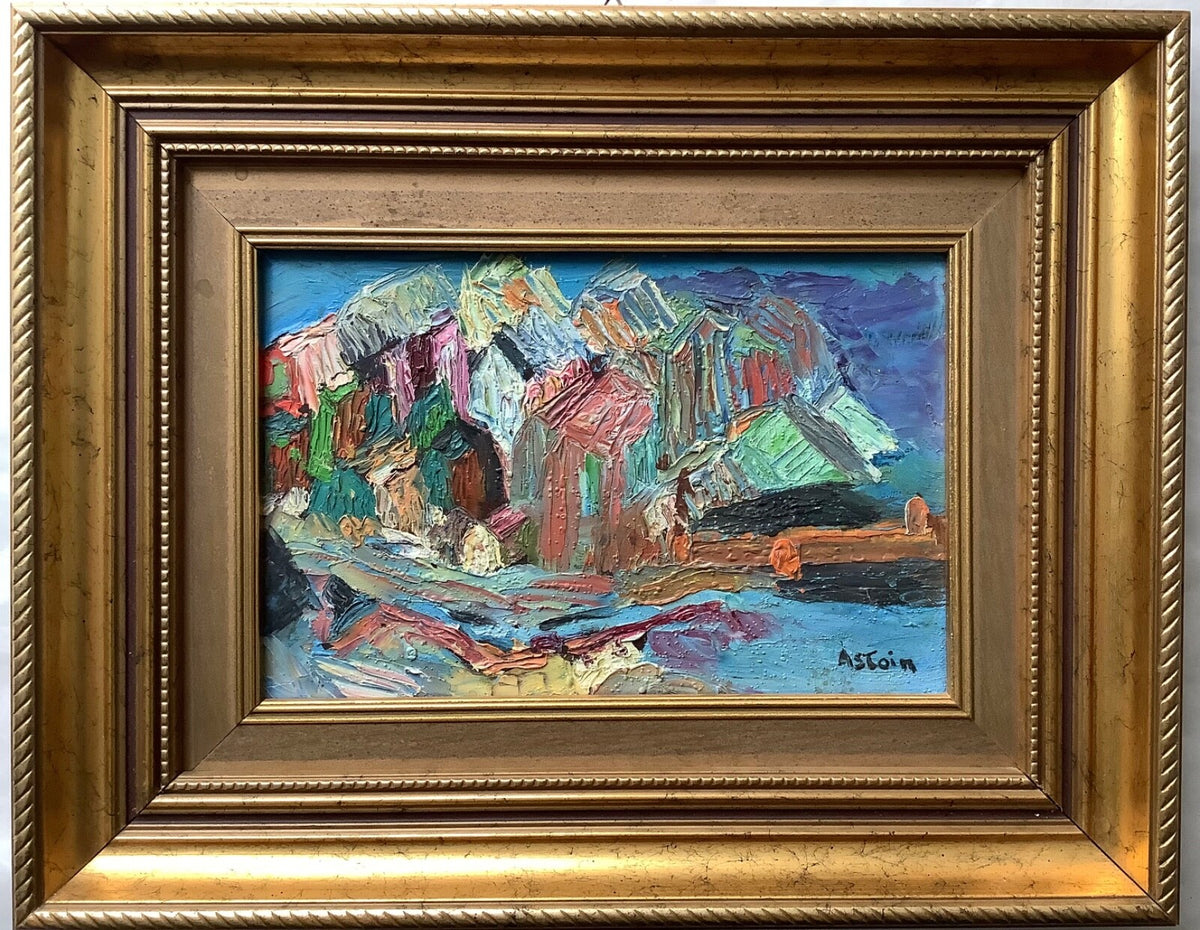 Signed Marie Astoin landscape painted in thick impasto, oil on wood panel, 20th century French school, in a gilt moulded frame