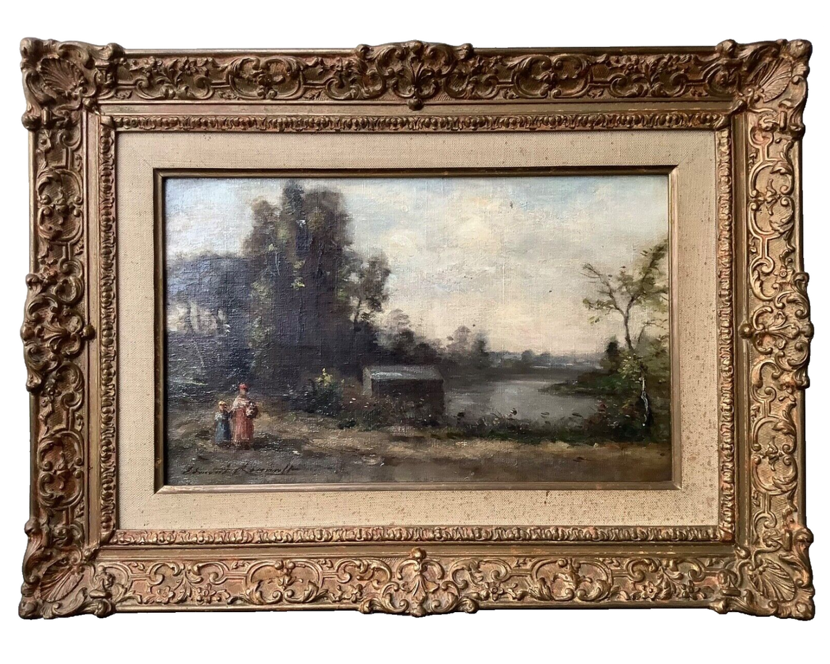 Barbizon School landscape with a woman and child by the water, 19th century French oil on canvas by Edmond Renault, in an ornate gilt frame