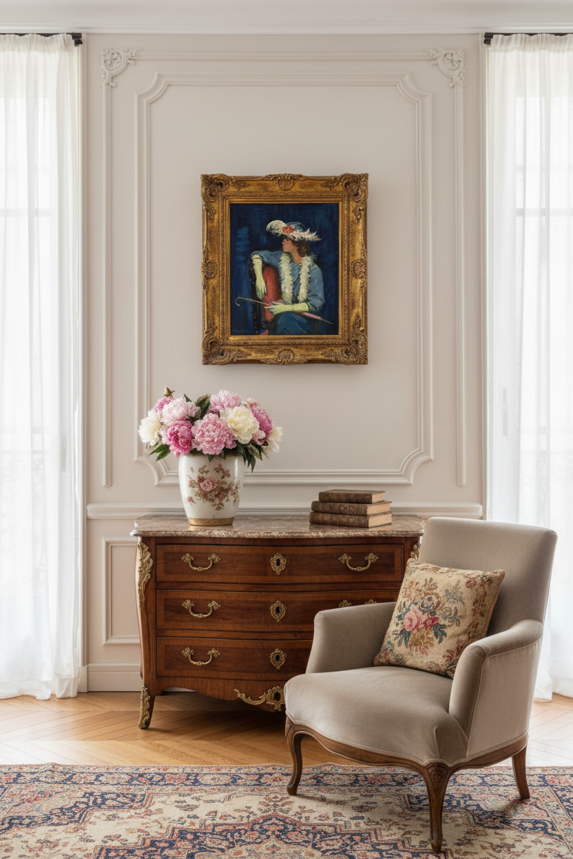 Signed Chochon portrait of a woman in blue in a gilt frame in a bright Parisian living room