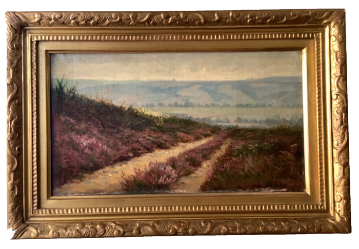 Signed heather path landscape by James Desvarreux, a sand track climbing between banks of flowering heather toward blue hills, late 19th century oil in a period gilt frame