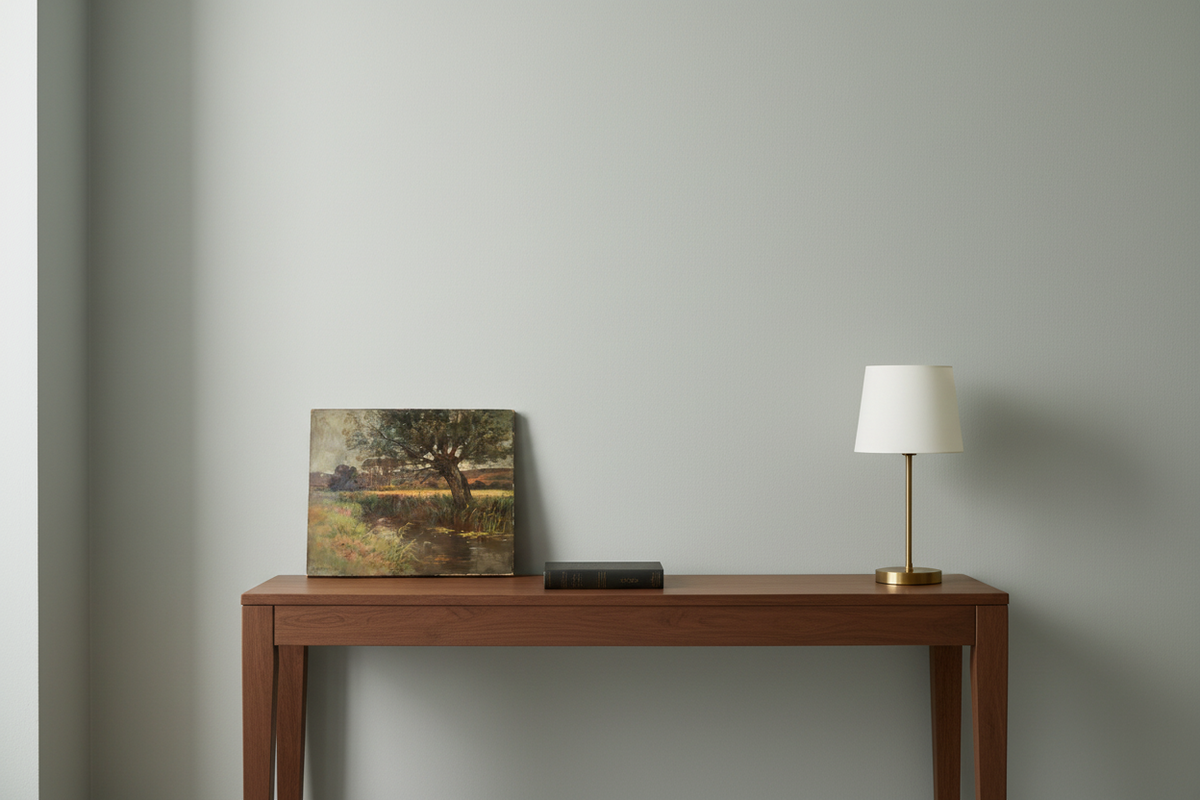 Unframed willow river landscape leaning on a walnut console beside a brass lamp