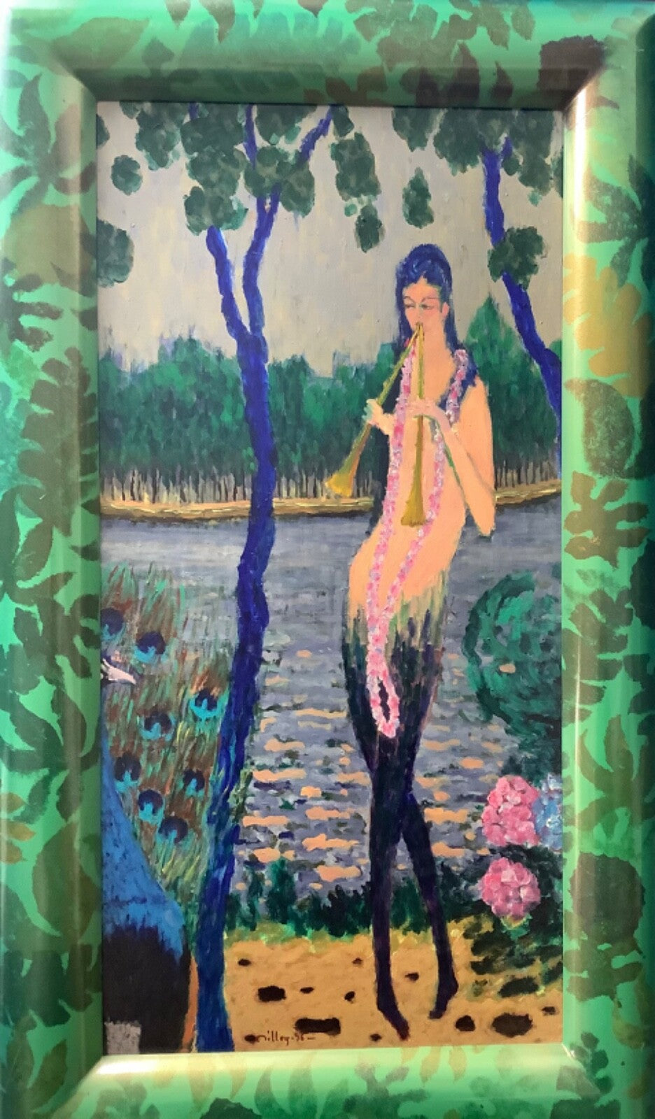 Celui du Bois de Boulogne, a piper with a peacock by a lake, signed oil on canvas by Ramon Dilley, 1996, in a hand painted green and gold frame