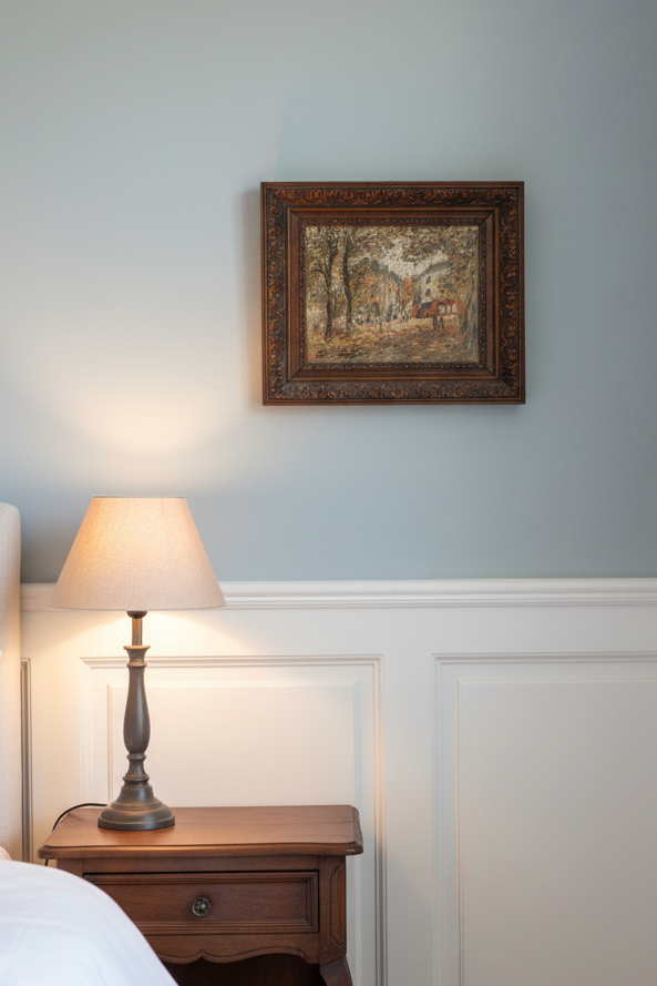 The framed painting hanging above a walnut bedside table with a lamp, on a pale blue-grey wall with white panelling