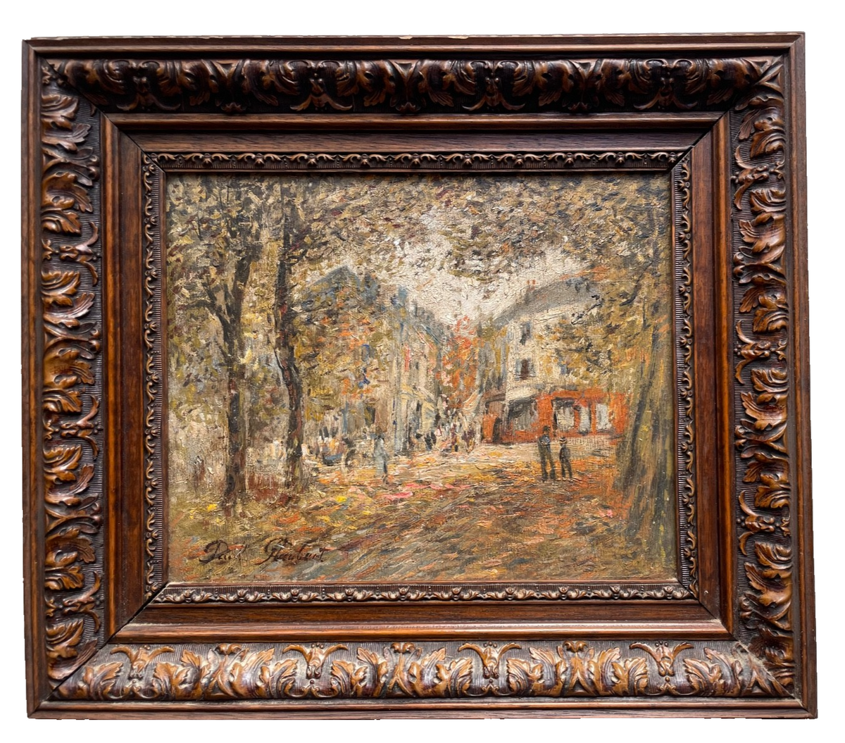 Autumn town square with figures under tall trees, painted in dense impasto, in a deeply carved wood frame (Paul Flaubert)