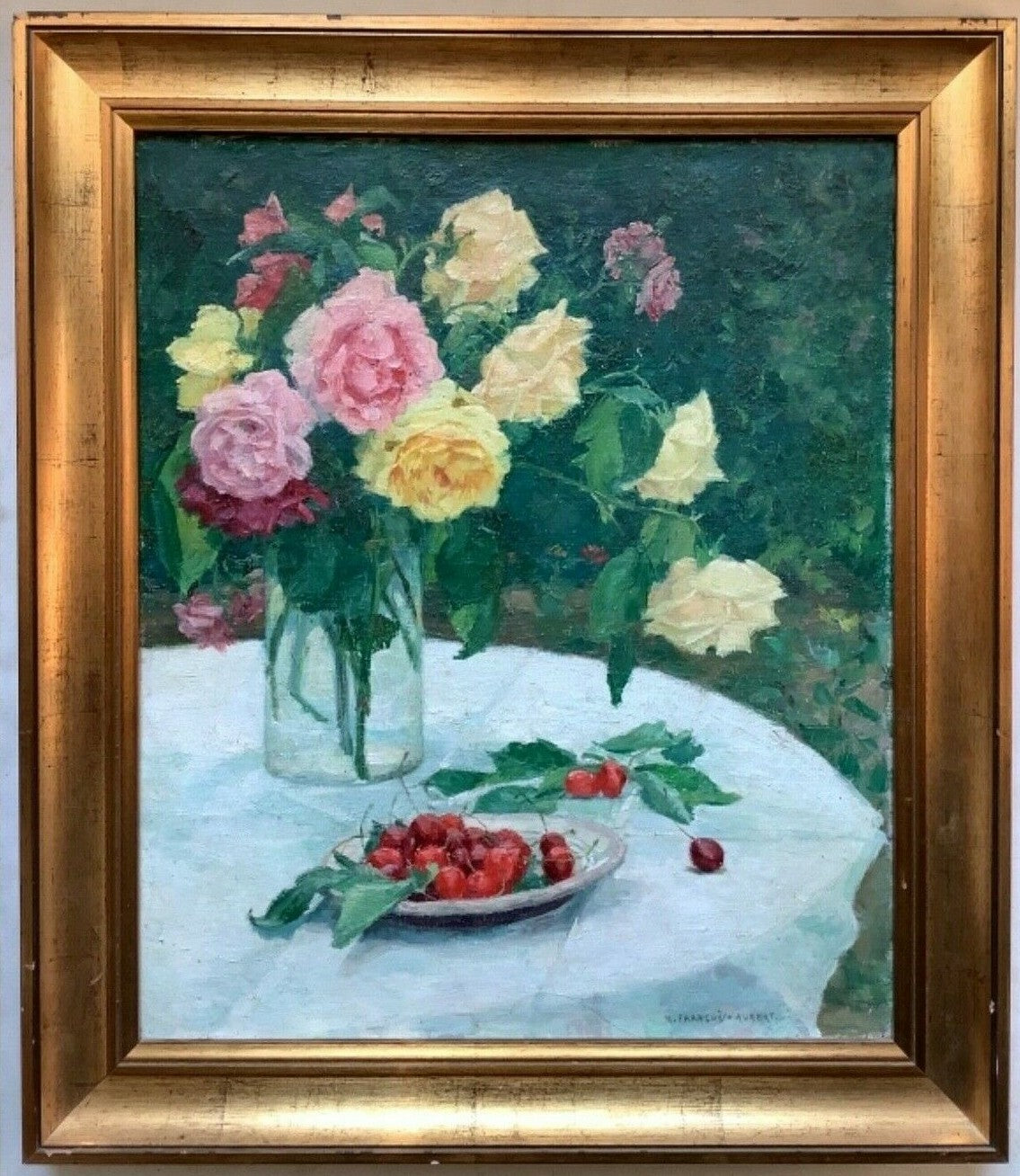 M. François-Aubert still life of roses in a glass jar and cherries on a garden table, signed oil on canvas in a wide gilt frame