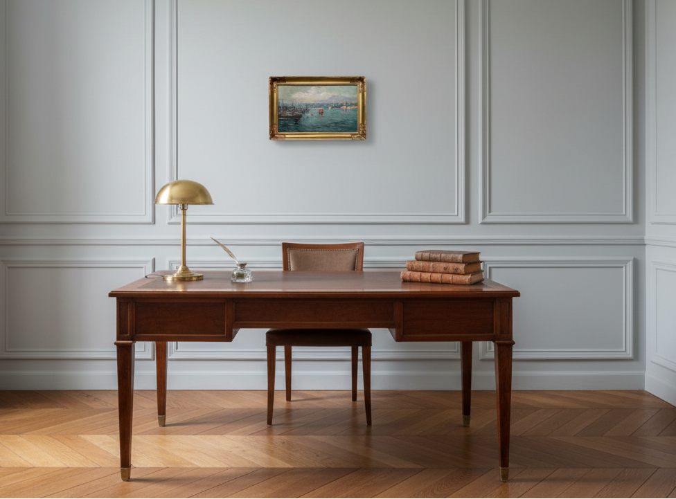 The framed canvas shown to scale on a pale wall above a wooden table