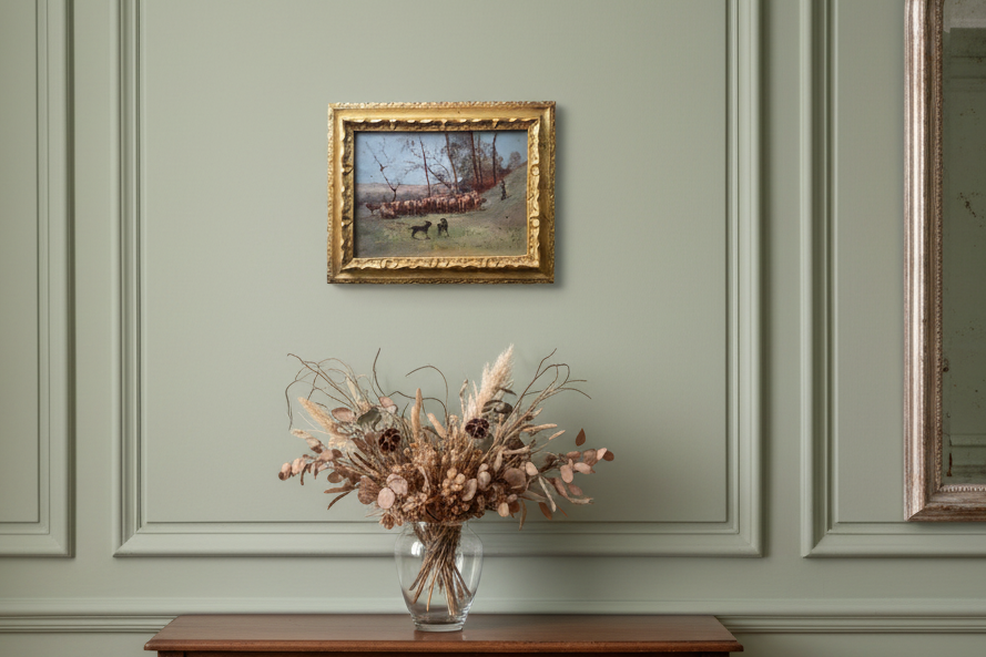 The framed panel shown to scale on a pale green wall above a console