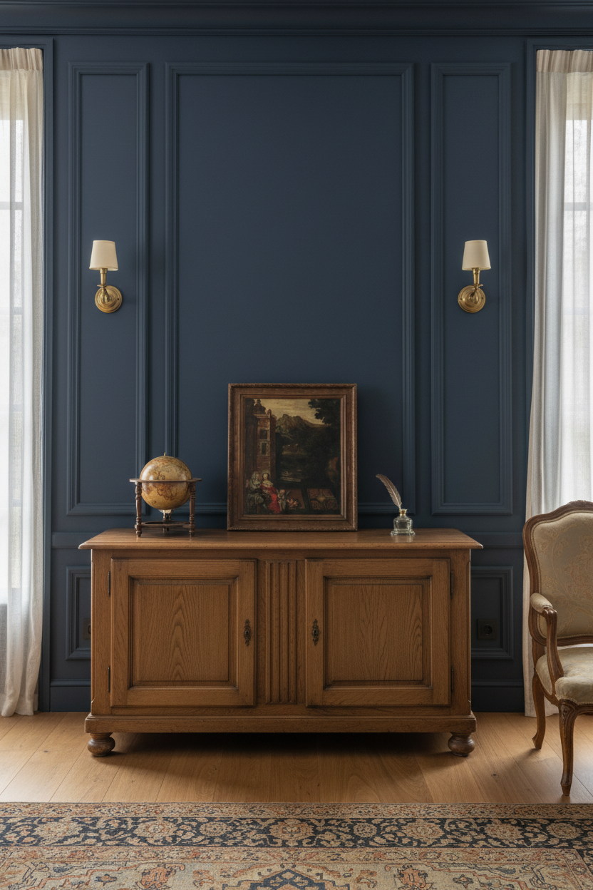 Room setting showing the framed panel hung above a chest of drawers on a dark blue wall (17th century French gallant scene)