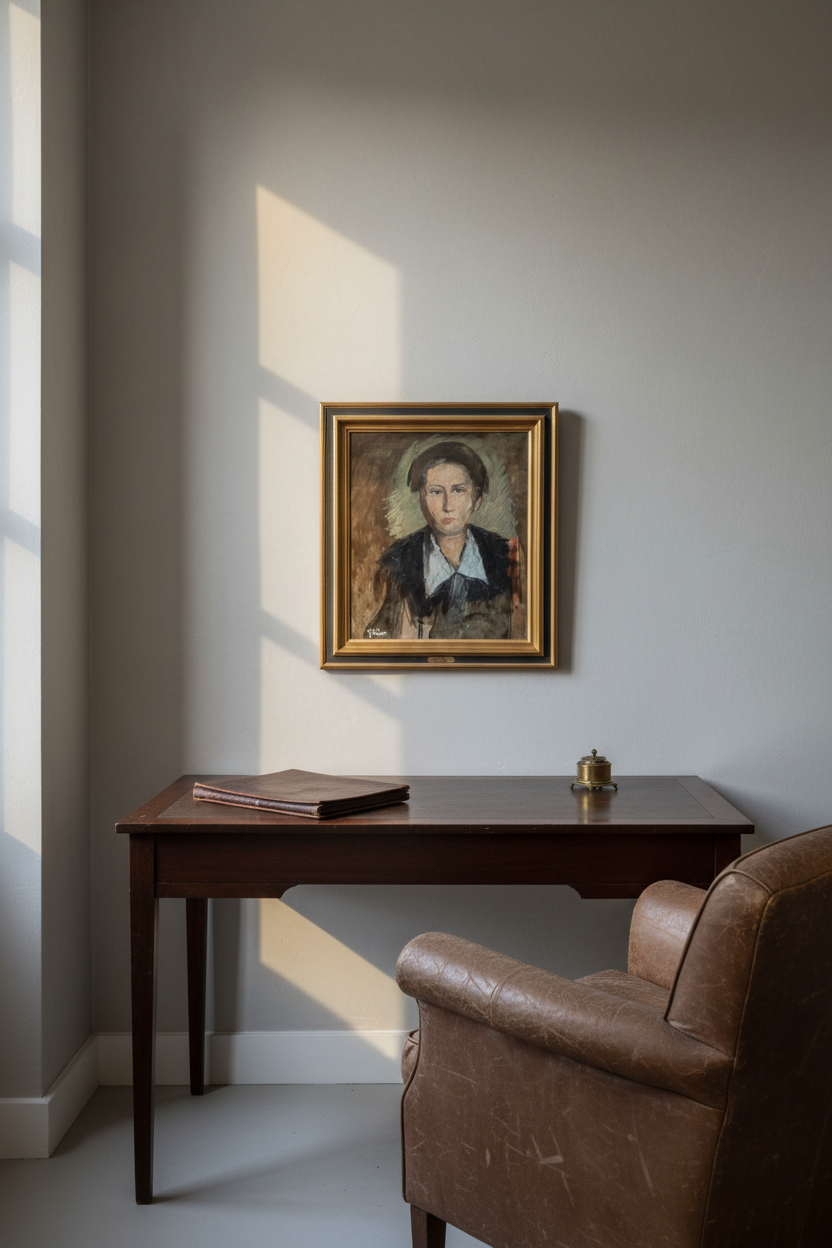 Jules-Alexandre Grün portrait of a young sitter in a gilt frame hanging above a walnut writing desk in a study