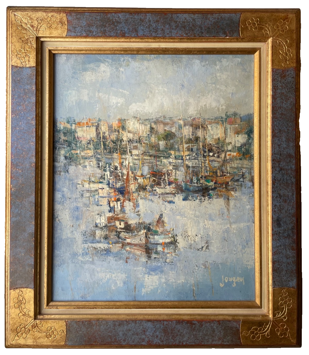 Signed Daniel Jaugey painting of fishing boats in a French harbour, oil on canvas, 20th century French school, in a gilt and blue frame with carved corners