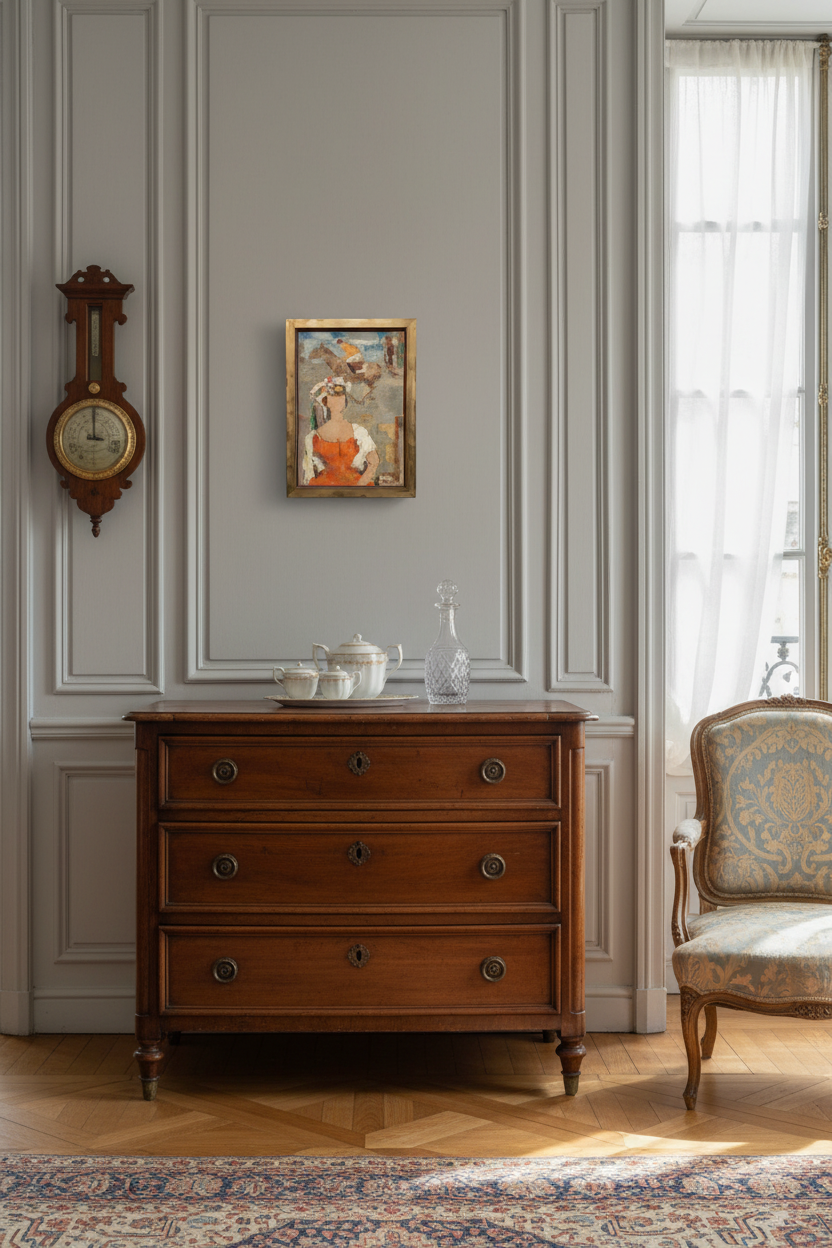 The painting shown to scale on a pale wall above a chest of drawers