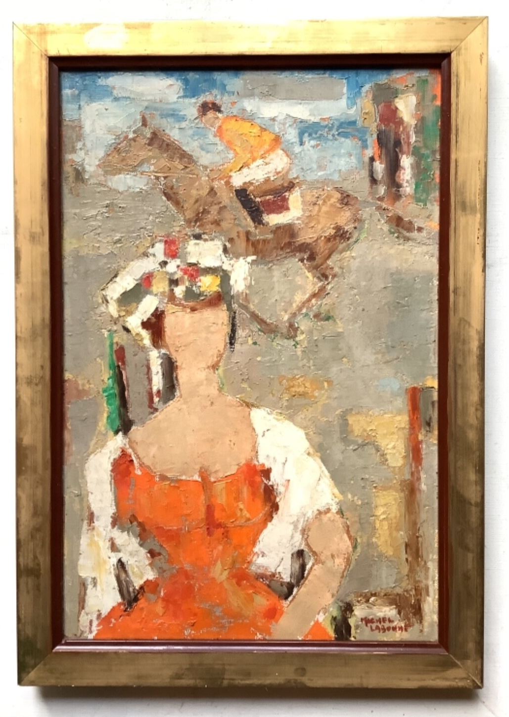 A woman in orange at the races with a horse passing behind, signed oil on canvas by Michel Labonne, 1960s, in a gilt frame