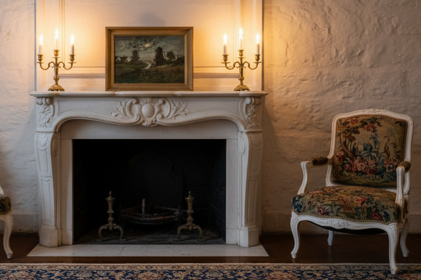 19th century moonlit landscape with windmills in a gilt frame on a marble mantel lit by candlelight