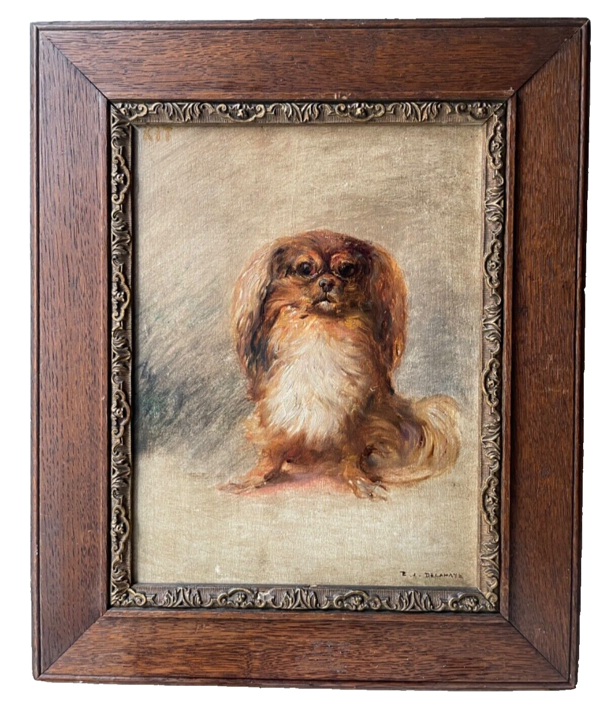 Portrait of a Pekingese named Kit, signed oil on panel by Ernest Jean Delahaye, circa 1910, in an oak frame