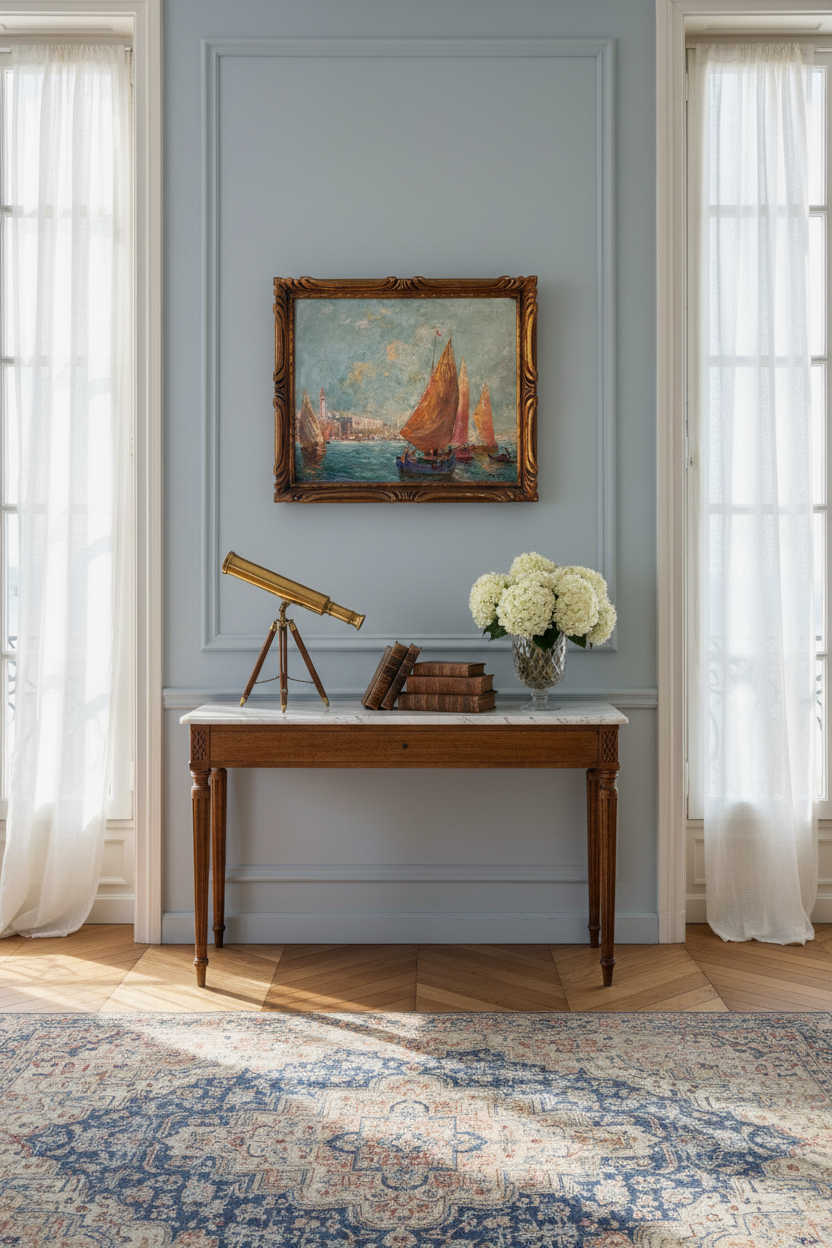 The framed Venice scene hung above a marble topped console with a brass telescope, books and white hydrangeas (Pierre Forest Venice lagoon)