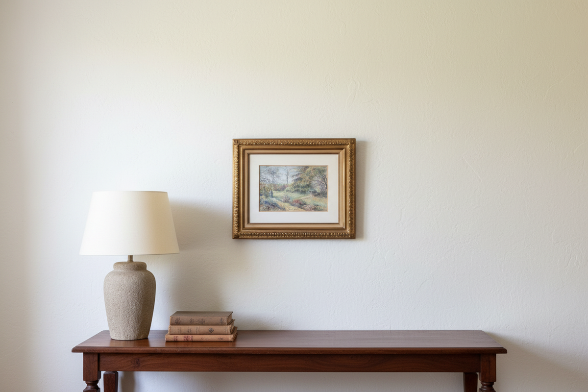 Room setting showing the framed pastel hung above a walnut console in a light French sitting room