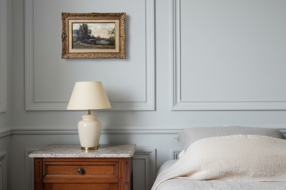 Signed Barbizon river landscape by Edmond Renault in a gilt frame above a nightstand in an elegant bedroom
