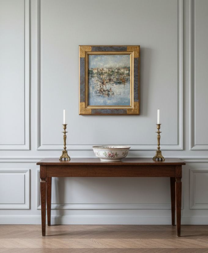 Signed French harbour scene displayed in a French entrance hall