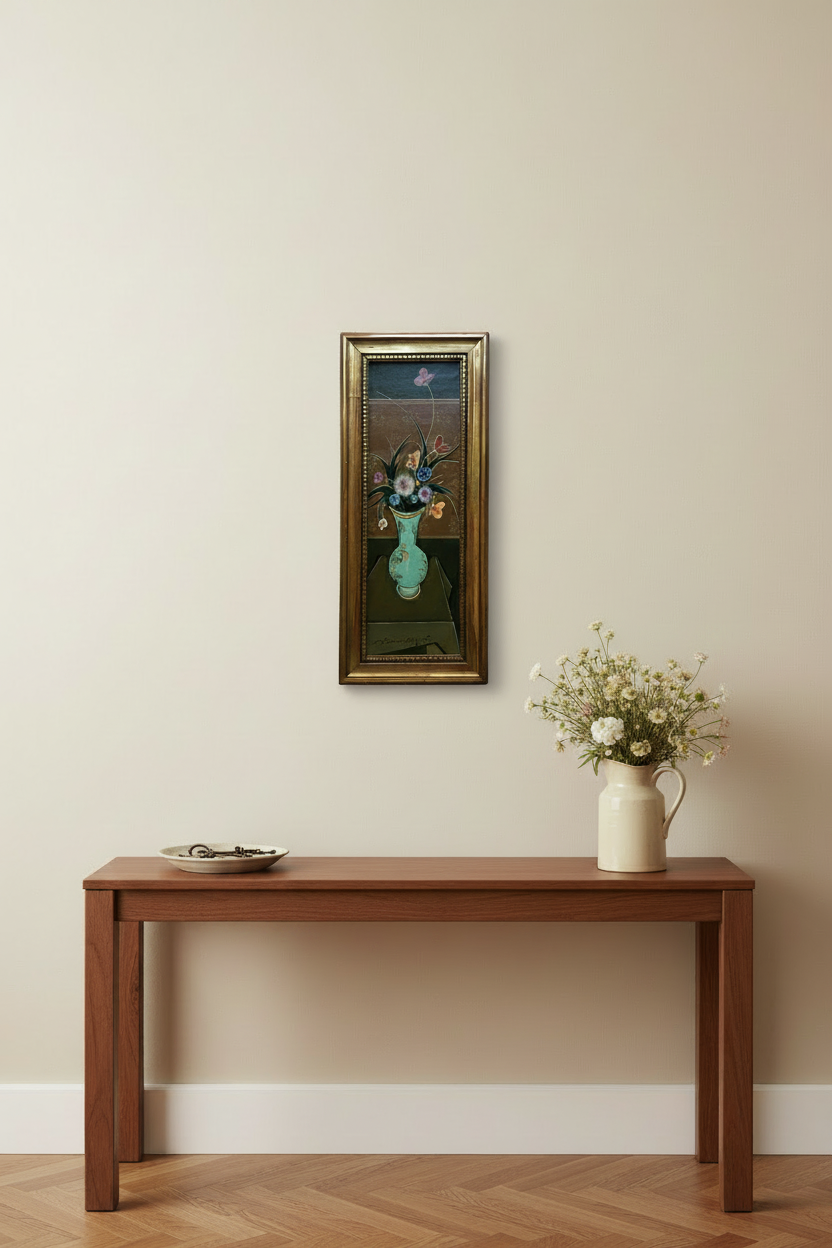Shown at scale above a console, the jug of flowers below giving its size