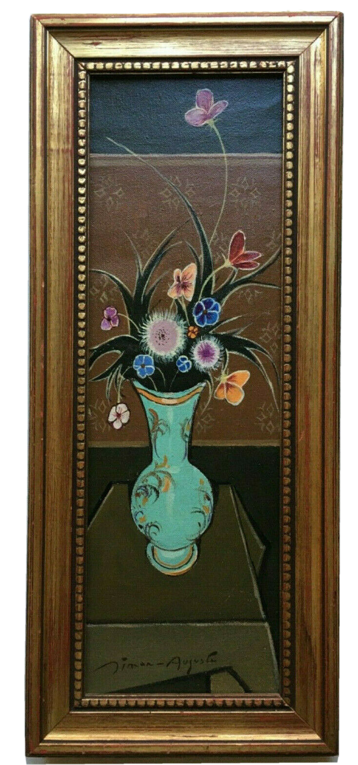 Flowers in a turquoise vase against a brown damask wall, signed Simon-Auguste, in a gilt frame