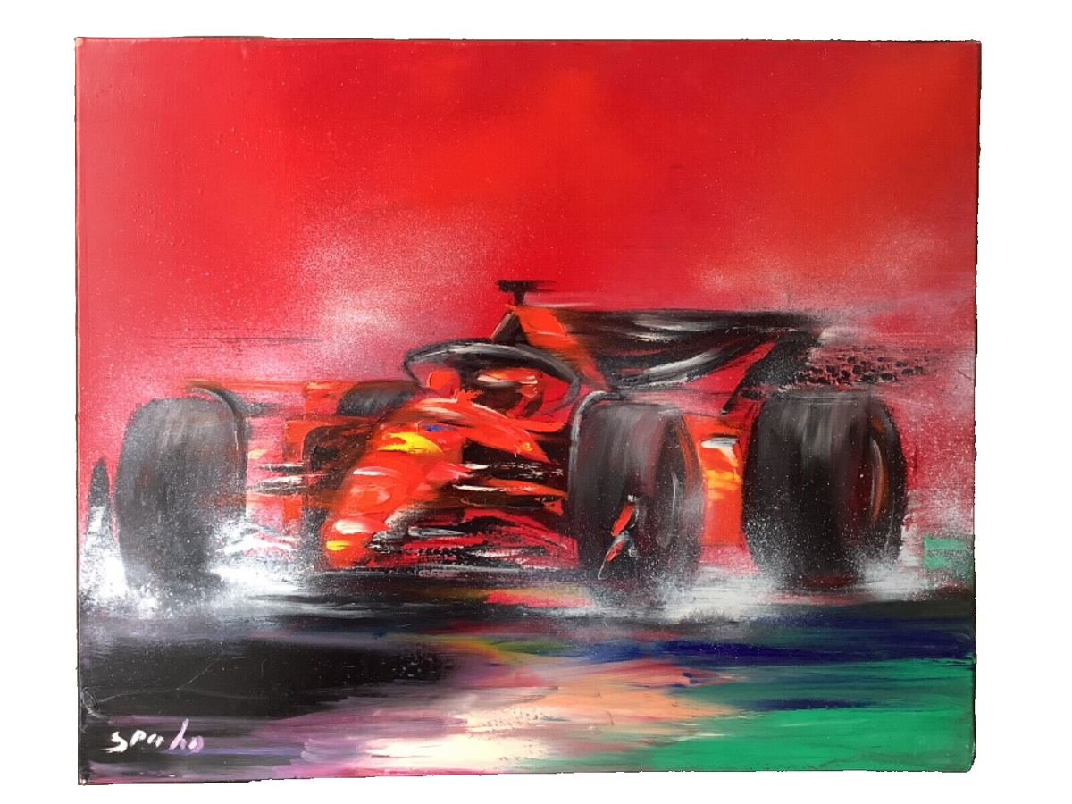 Signed Victor Spahn painting of a red Formula One racing car on a wet track, oil on canvas, 21st century French school, unframed