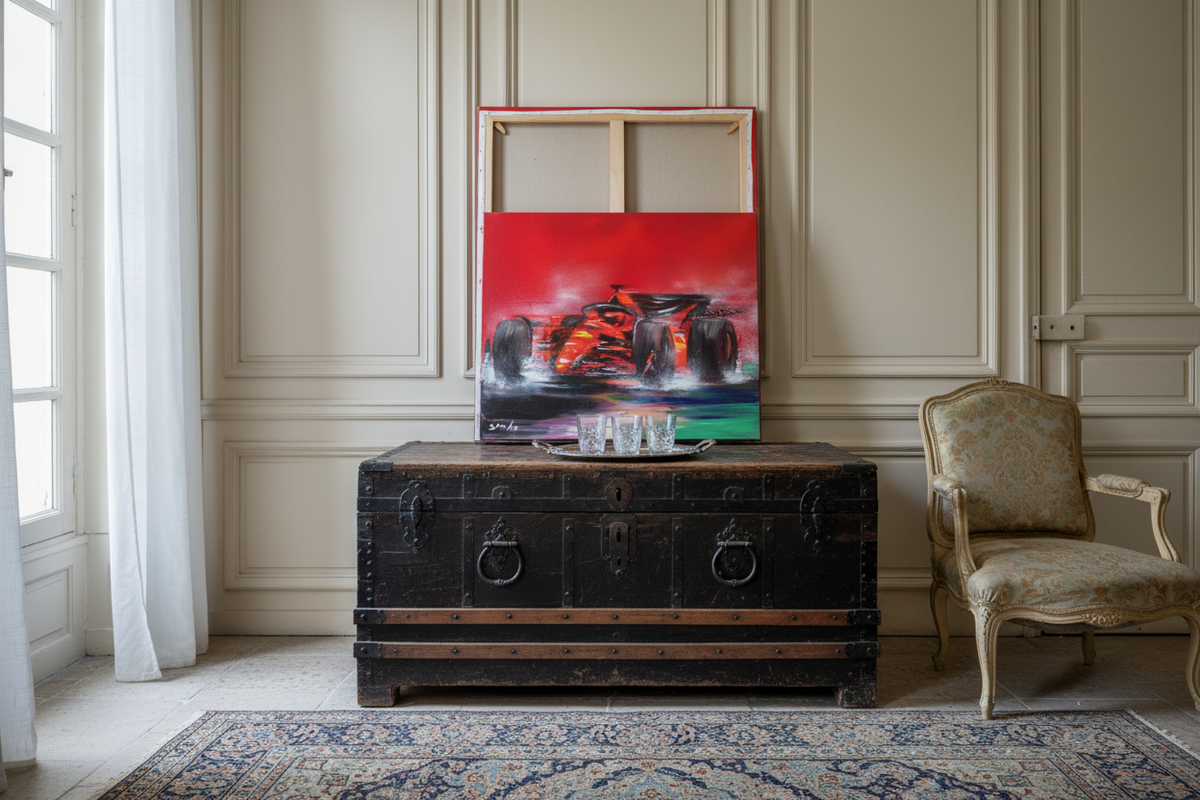 The canvas shown to scale above a low sideboard in a light room (Victor Spahn Formula One painting, oil on canvas)