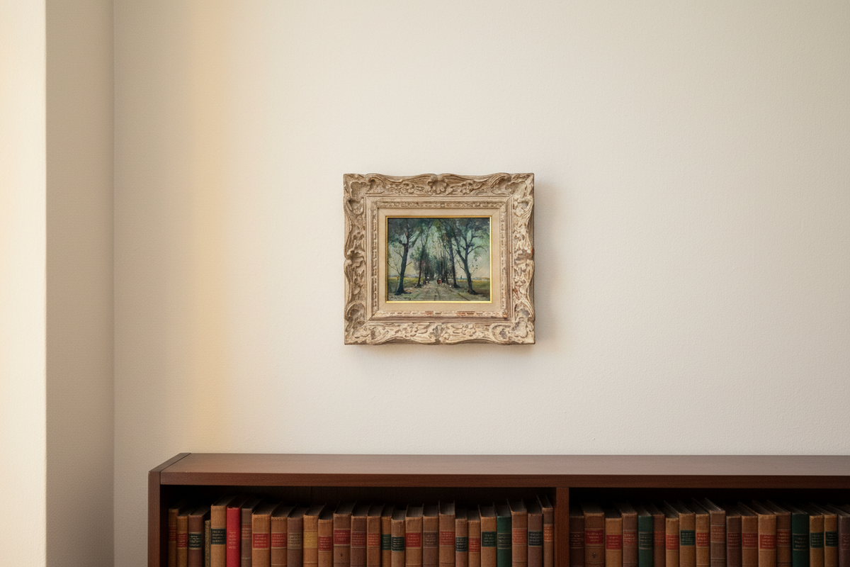 The painting at scale above a bookcase on a pale limewashed wall, in its carved and whitewashed frame