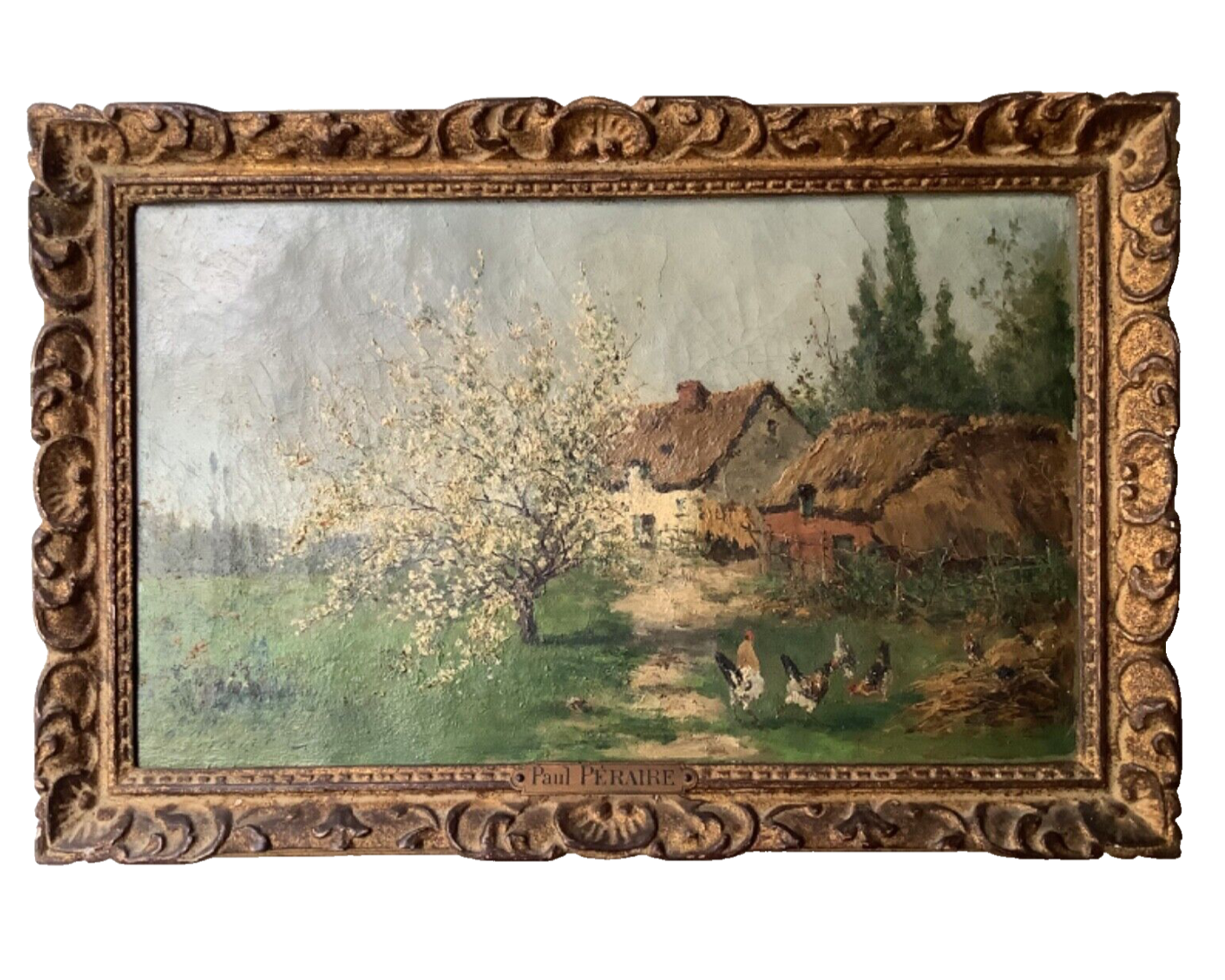 Signed Impressionist oil painting of a farm landscape in spring by Paul Péraire, 19th century French, framed