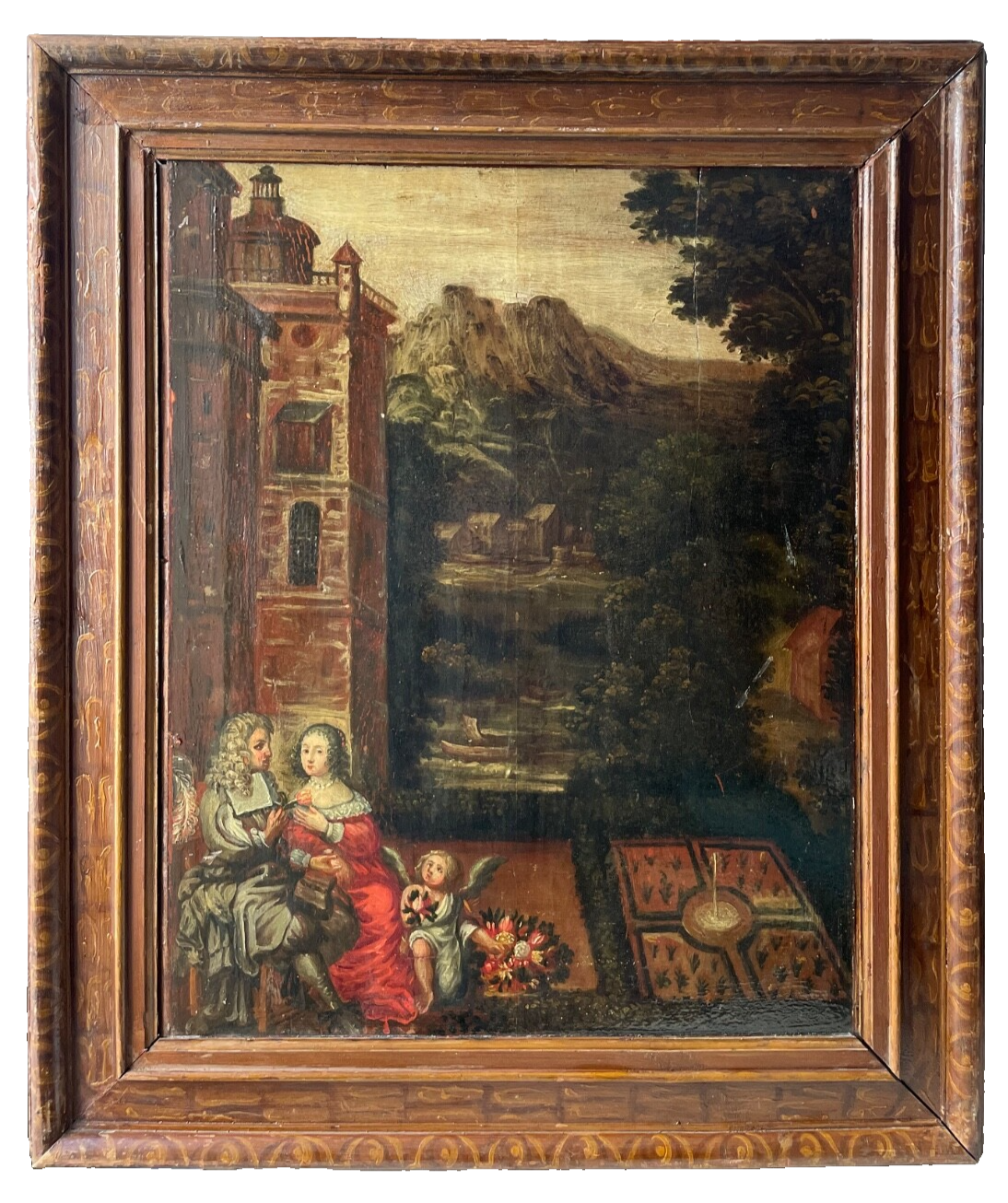 17th Century French Oil on Panel, Gallant Scene in a Garden, Old Master Baroque Original, Framed