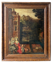 17th Century French Oil on Panel, Gallant Scene in a Garden, Old Master Baroque Original, Framed