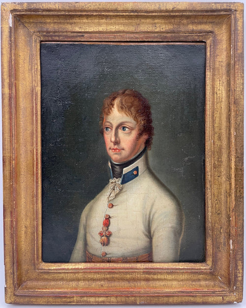 Habsburg court portrait of a young officer in white Austrian uniform with order, late 18th century oil in gilt frame