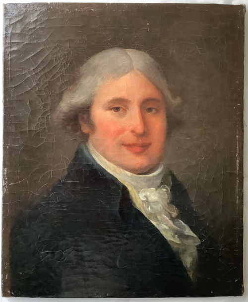 18th century French portrait of a nobleman in powdered wig and blue frock coat, oil on canvas