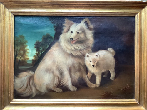 Antique 19th century French portrait of two white spitz dogs, oil on canvas in gilt frame