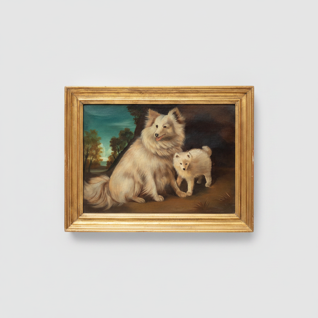 Portrait of Samoyed Dogs, Unsigned Oil on Canvas, 19th Century French School, Framed