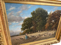 Emile Michel Signed Oil Painting, Pastoral Shepherdess in the Fields, 1872, Framed French Realist Original