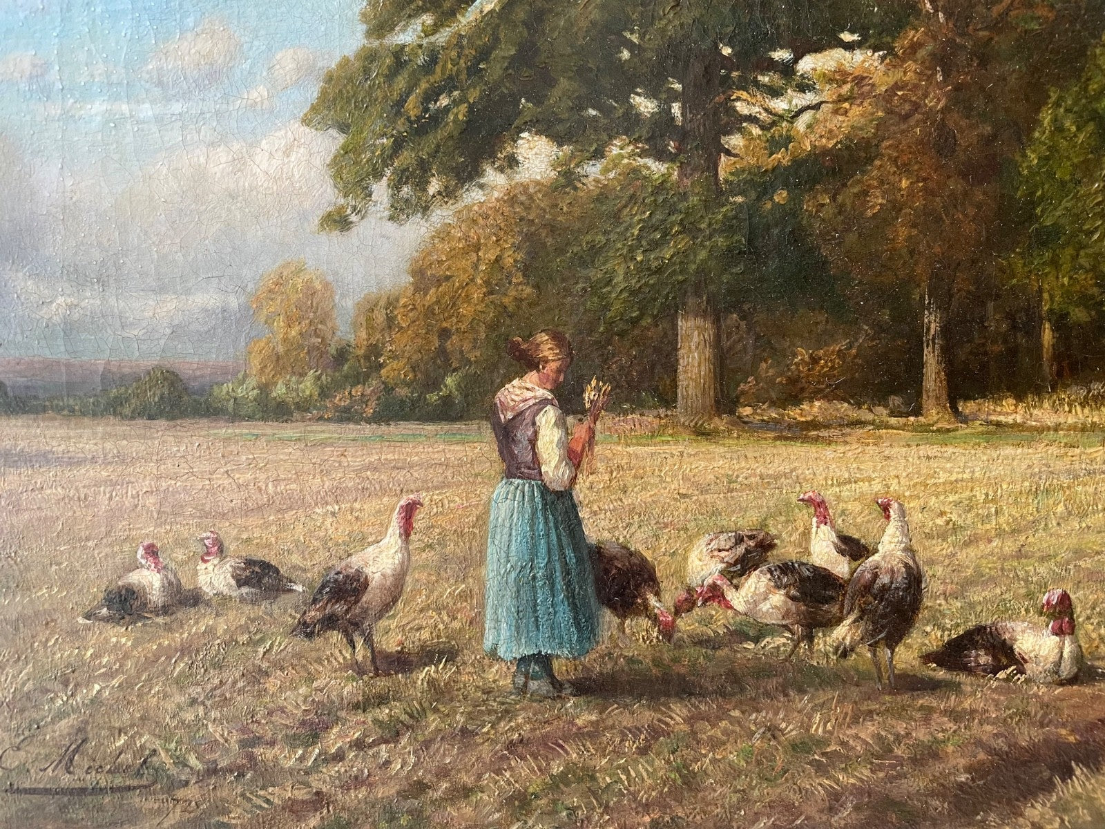 Detail of the woman feeding her turkeys, oil on canvas by Emile Michel, 1872