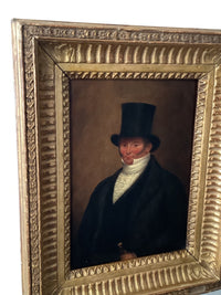 Early 19th Century English Oil Portrait of a Man with a Top Hat, Framed, Oil on Canvas