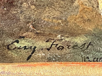 Eugene Forest (1808-1891) Signed Oil Painting, Haystacks Landscape 1882, French Barbizon School on Wood Panel, Gilded Frame