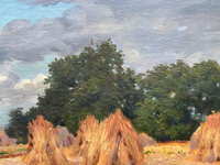 Gaston Bonfils Signed Oil Painting, Haystacks in a French Harvest Landscape, 19th Century on Wood Panel, Carved Frame