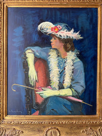 Andre Chochon (1910-2005), Portrait of a Woman with Yellow Gloves, Signed French Impressionist Oil on Canvas, 1960s, Framed